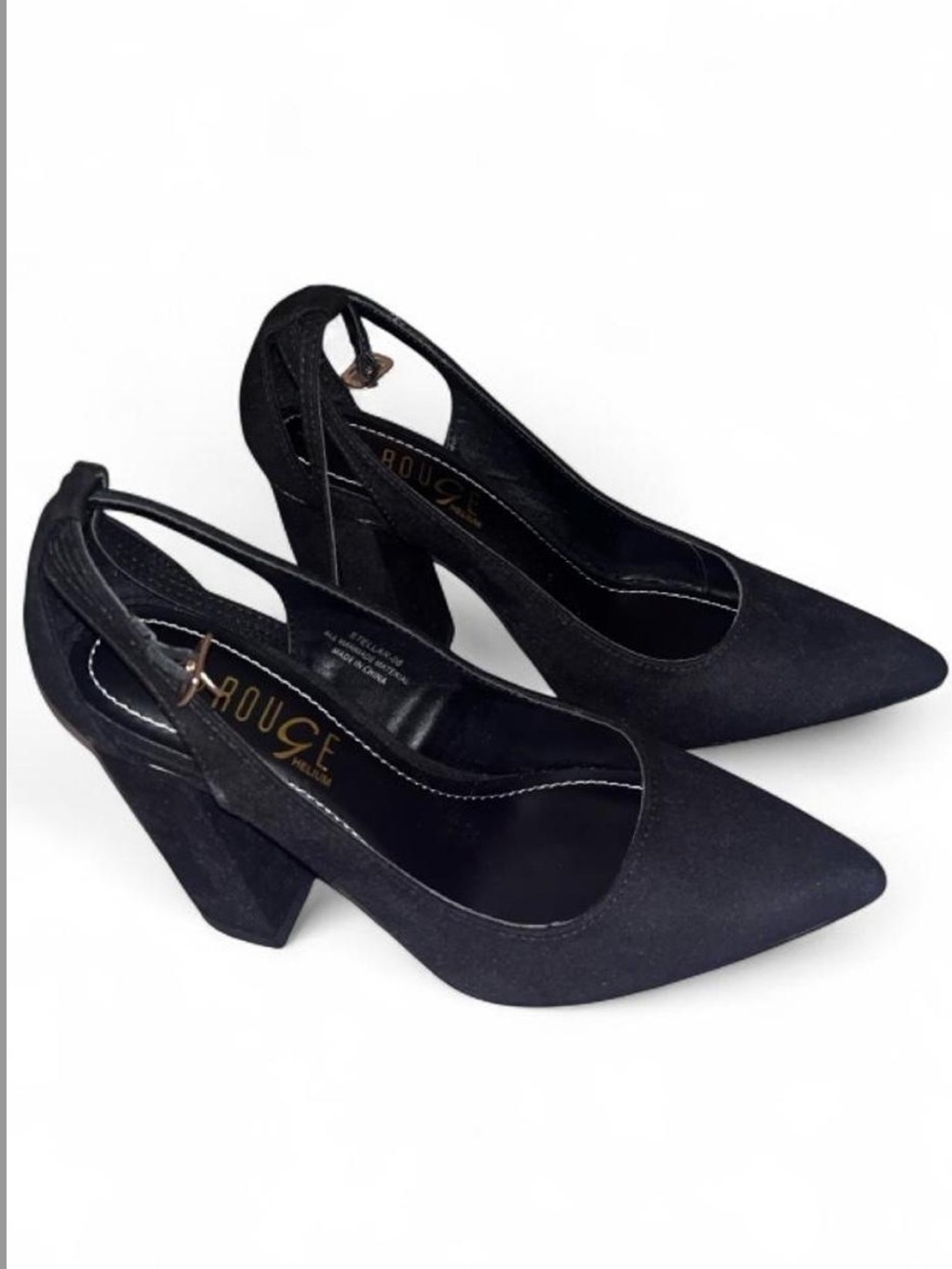 Rouge Helium Black Pointed Slingback Block Heels